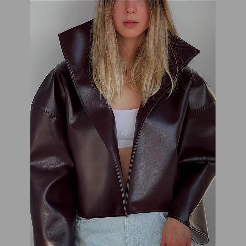 Loose Solid Women's Pu Leather Jacket Long Sleeve Stand Collar Lady Coats Crop Tops 2026  Autumn Fashion Female Street Outerwear