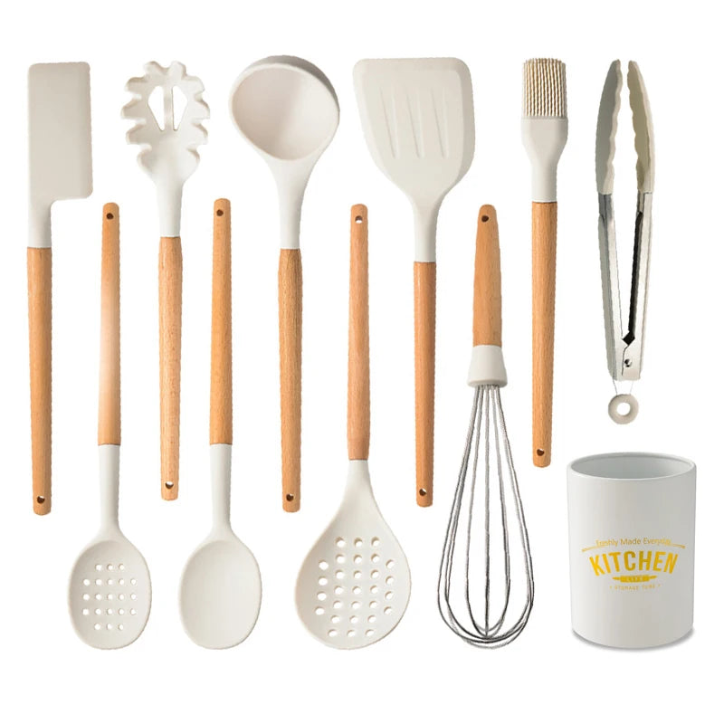 White Silicone Wooden Handle Soup Spoon Spatula Brush Scraper Pasta Egg Beater Non-stick Kitchen Cooking Tools Kitchenware