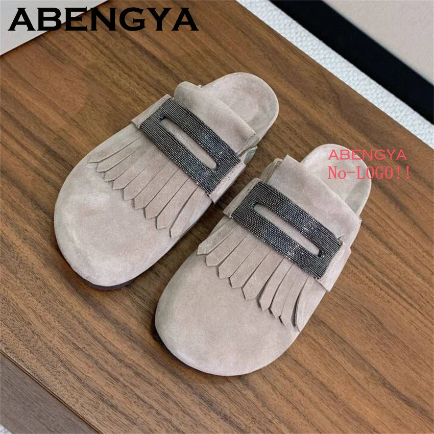 2025 Summer Round Wrap Toe Flat Half Slippers Women Suede Leather Tassels Platform Mules Ladies Outdoor Casual Beach Shoes Mujer