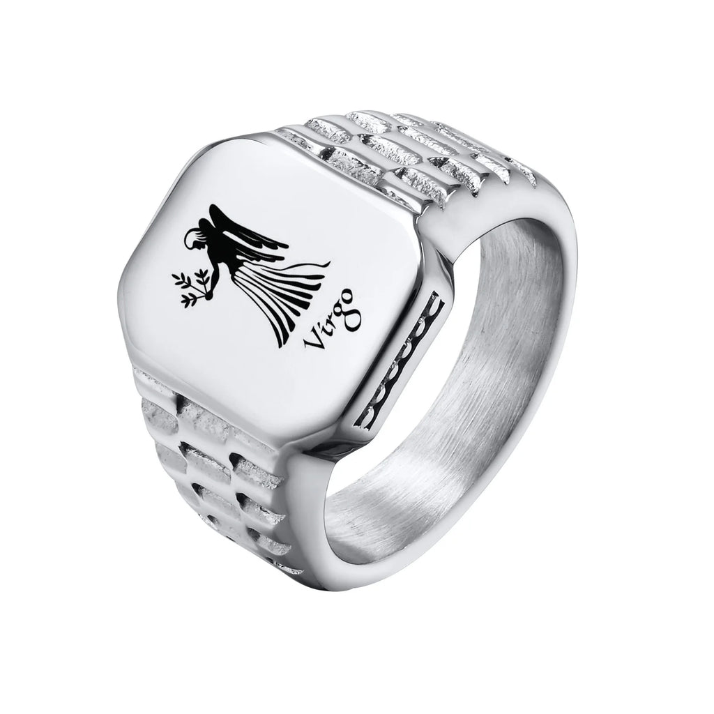 Free Custom 12 Zodiac Signet Rings for Men,Personalized Stainless Steel Finger Birthday Gift to Dad Father Husband Son