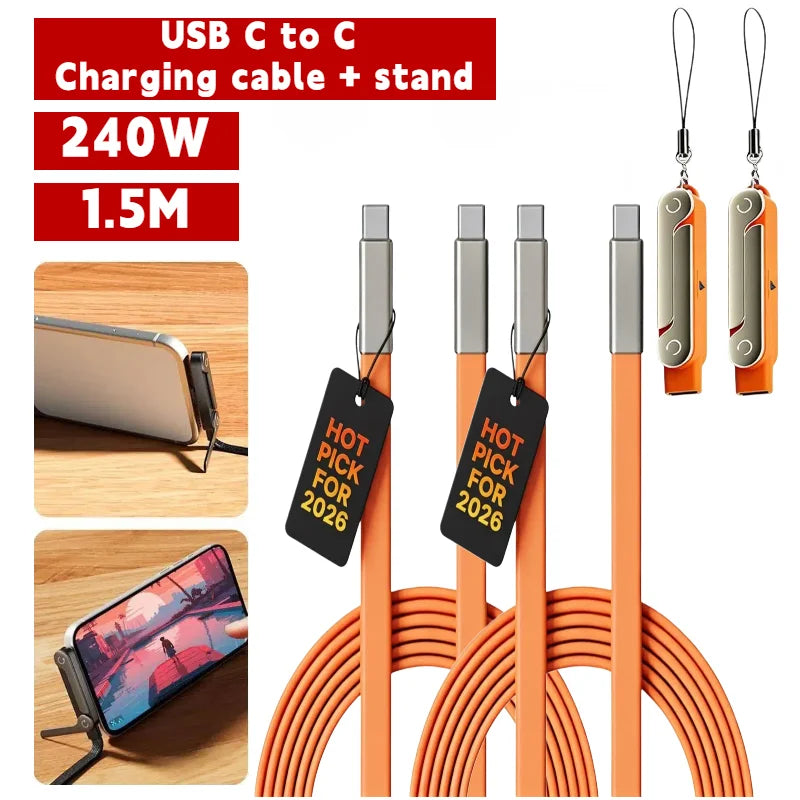 240W 2-in-1 Black/Orange Fast Charging Foldable Bracket Data Cable Type-C to Type-C Data Wire with Phone Tablet Stand