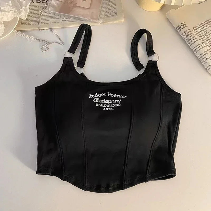 Women Summer Tops Sexy Camisole Square Collar Tank Top Y2k Slveless Female Crop Tops With Pad Fashion Vest Embroidery Letter