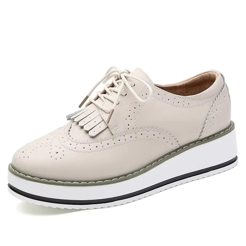 EOFK Spring Autumn Women Derby Platform Flats Brogue Leather Lace up Classic Bullock Footwear Gold Female Oxford Shoes Lady