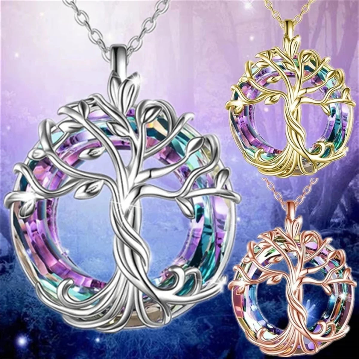 Tree of Life Necklace with Circle Crystal Exquisite Family Tree Pendant Design Jewelry Gift for Women Mom Daughter