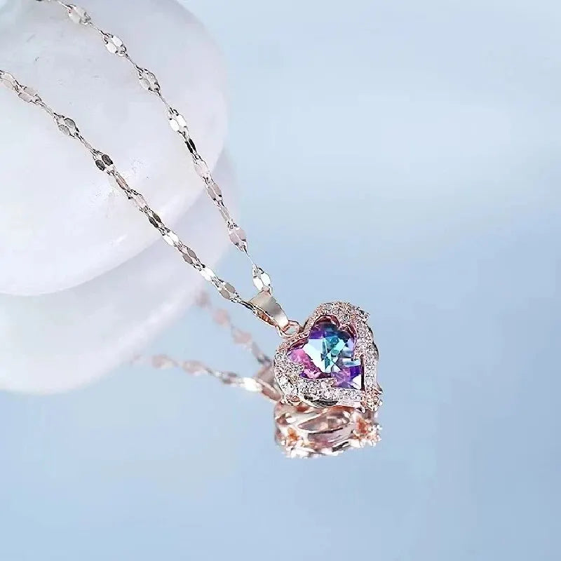 1 Pcs Romantic Couple Glass Encrusted Bronze Zircon Ocean Heart Pendant Combination Of Titanium Steel Chain