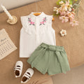 2Pc/Set Baby Set Summer Cotton Flower Embroidery Sleeveless Top Solid Color Shorts Baby Outfit Set Cartoon Beach Girl Clothing