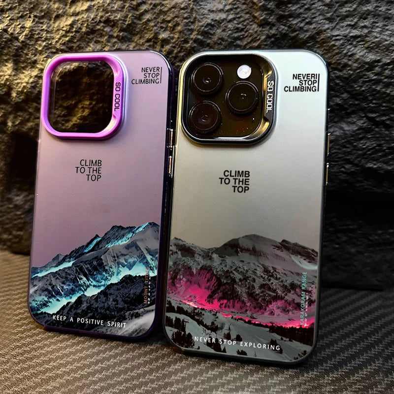 Snow Mountain Landscape Sunset Electroplate Silver Phone Case For iPhone 16 Pro 17 18 Pro 11 12 13 14 15 Pro Max Air 16E Cover