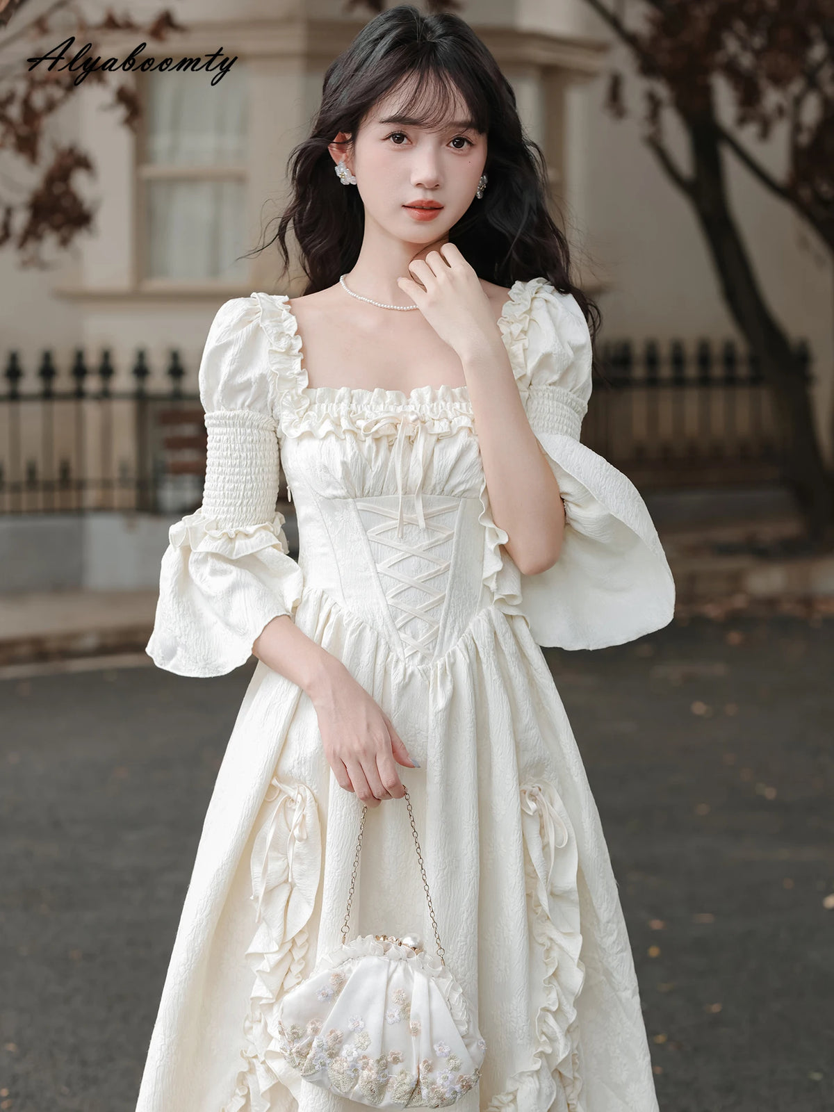 Fairycore Women Princess Party Midi Dress Square Collar Bow Fairy Ruffles Classical Dress Half Sleeve Gorgeous Feminine Dresses