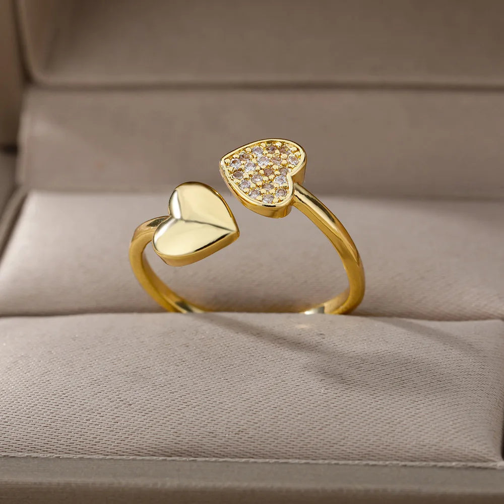 Smooth Double Heart Rings For Women Stainless Steel Zircon Heart Love Ring Adjustable Finger Ring Christmas Jewelry Wedding Gift