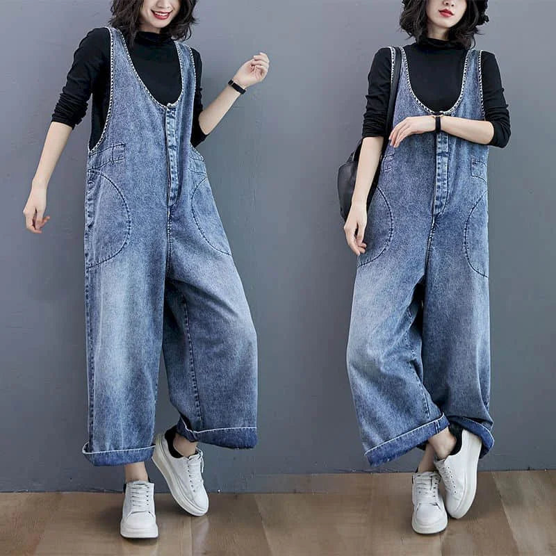 Denim Jumpsuits for Women Autumn Oversized Solid Playsuits Loose High Waist Wide Leg Pants Overalls for Women Clothes One-pieces
