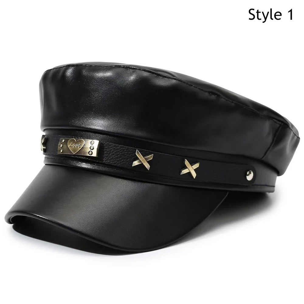 New PU Leather Beret Hat Autumn And Winter Versatile Beret Retro Flat Top Visor Adjustable Black Painter Hat Octagonal Cap
