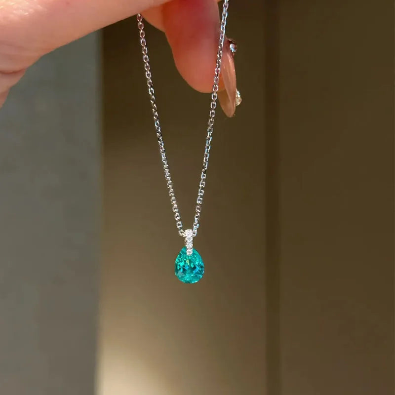 S925 Silver Blue Geometric Water Drop Necklace Women CZ Pendant Elegant Hypoallergenic for Important Occasions Gift for Friends