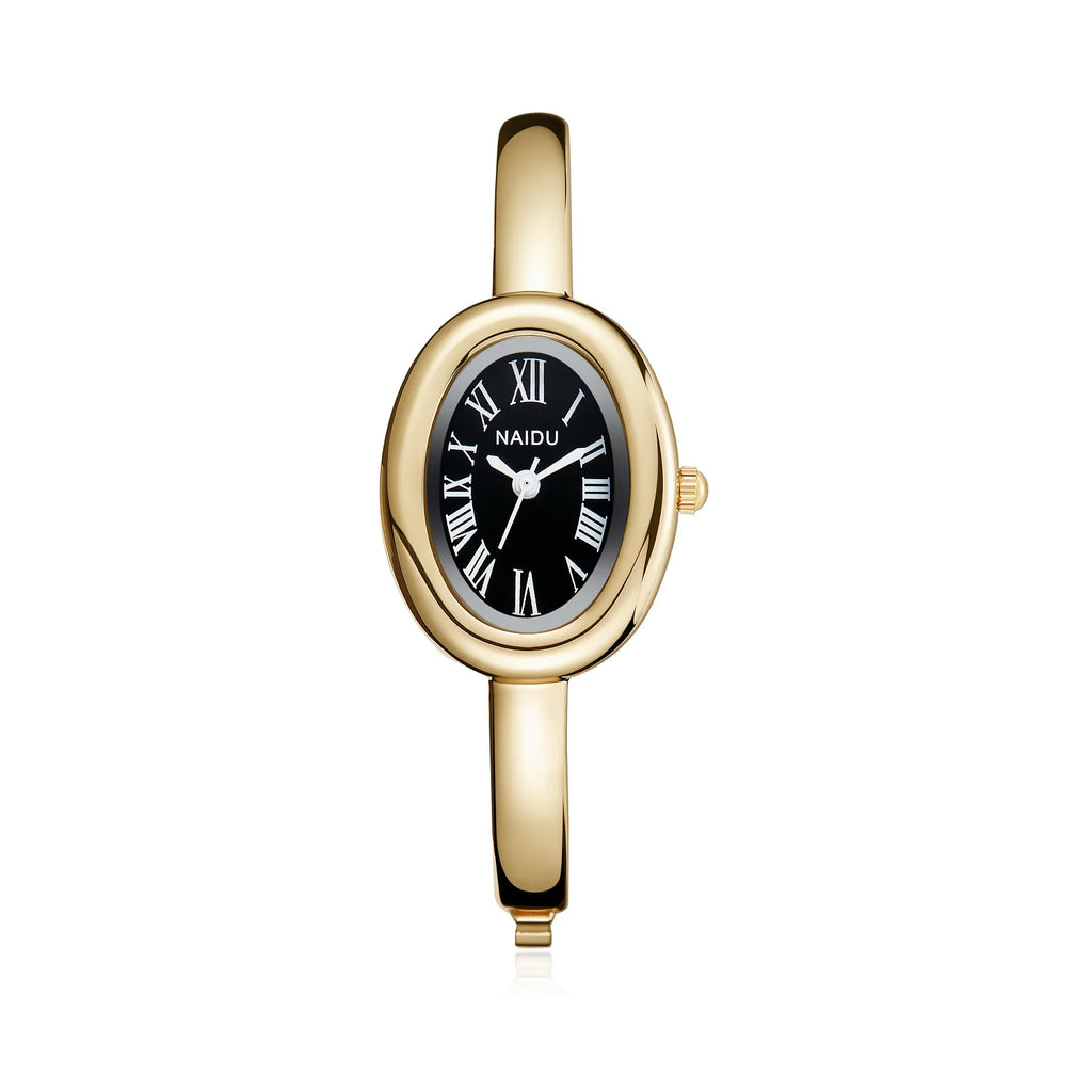 NAIDU Elegant Oval Bangle Watch For Women Roman Numeral Dial Gold Silver Cuff Strap Waterproof Quartz Wristwatch Reloj Mujer