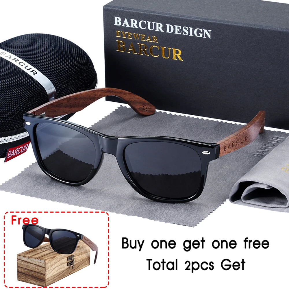 BARCUR Black Walnut Wood Sunglasses for Man Polarized High Quality Sqare Sun Glasses Men UV400 Eyewear Accessory Original Box