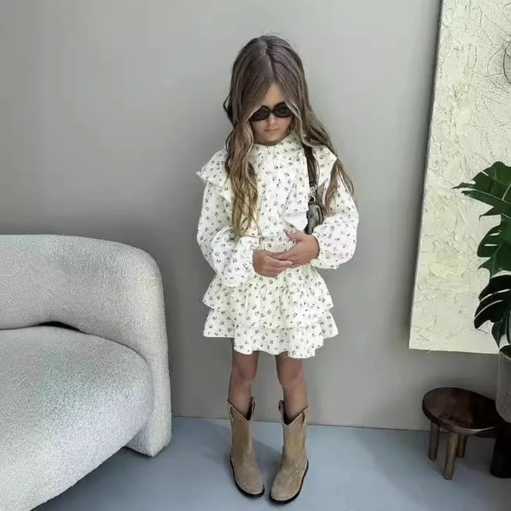 4478-1  Children Clothing Set INS Russian Girl's Dress Autumn Floral Lace Shirt+Cake Skirt Two-piece Set