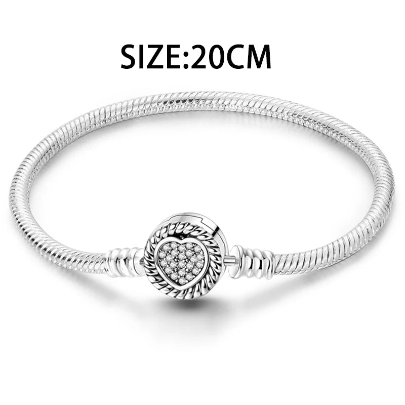 S925 Silver Plated Snake Bone Pattern and Inlaid Heart-Shaped Bracelet For Women Fit DIY Charms Beads Fine DIY Birthday Jewelry