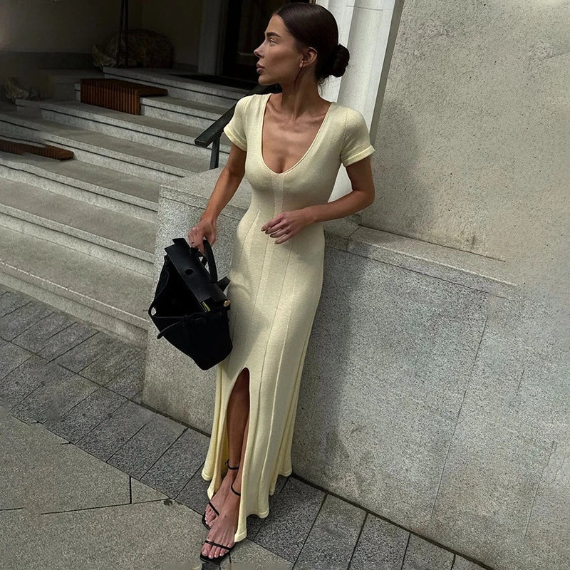 TARUXY Spring Summer Short-Sleeved Knitted Dress Women Solid V-Neck Slit Long Dress Slim Sexy Commuting Leisure Dress Female New
