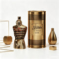 Jean Paul Gaultier Le Male Elixir EDP 75ML Perfume For Men Warm Vanilla Cardamom Woody Aroma Long Lasting Shiny Gold Metallic Striped Body Bottle With Gold Ring Cap Complete Gold Tin Box Dating Anniversary Present