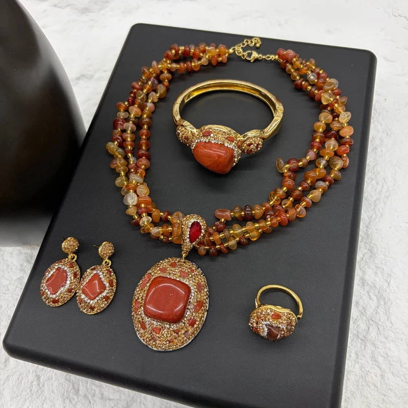 Vintage 4pcs Necklace Earring Ring Bracelet Crystal Stone Jewelry Sets for Women Natural Amethyst Tigers Eye Statement Jewelrys