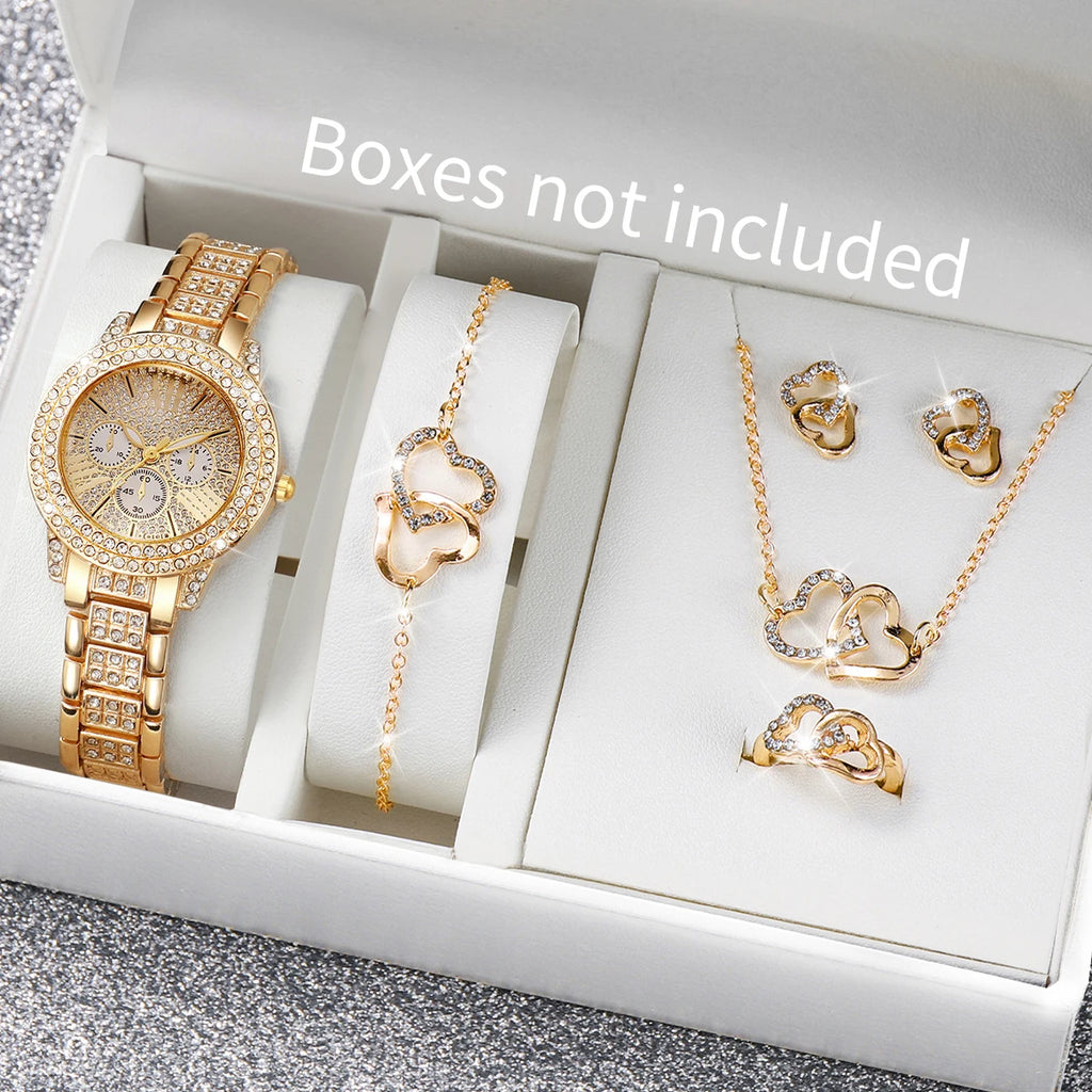 6PCS Luxury Rhinestone Women Watch Jewelry Set Ladies Fashion Alloy Strap Quartz Wristwatch Reloj Mujer Girls Clock(Without Box)