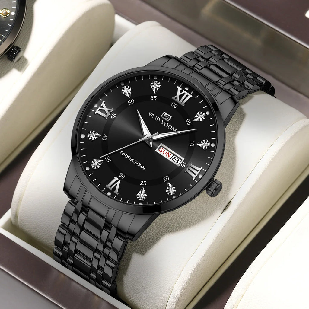 VA VA VOOM Top Brand Luxury Men Watch Week Quartz Movement Business Clock Black Stainless Steel 3Bar Waterproof Couple Men Watch