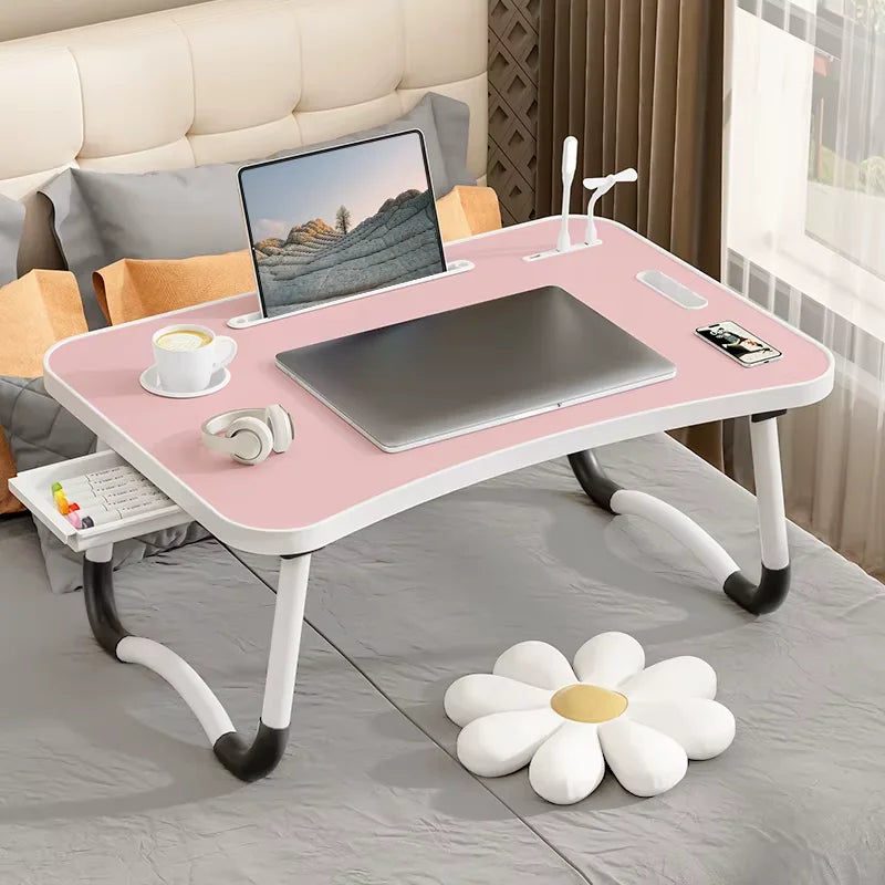 Portable Laptop Desk with USB Light & Fan, Built-in Cup Holder & Tablet Slot, Foldable Adjustable Laptop Table for Bed Sofa Work