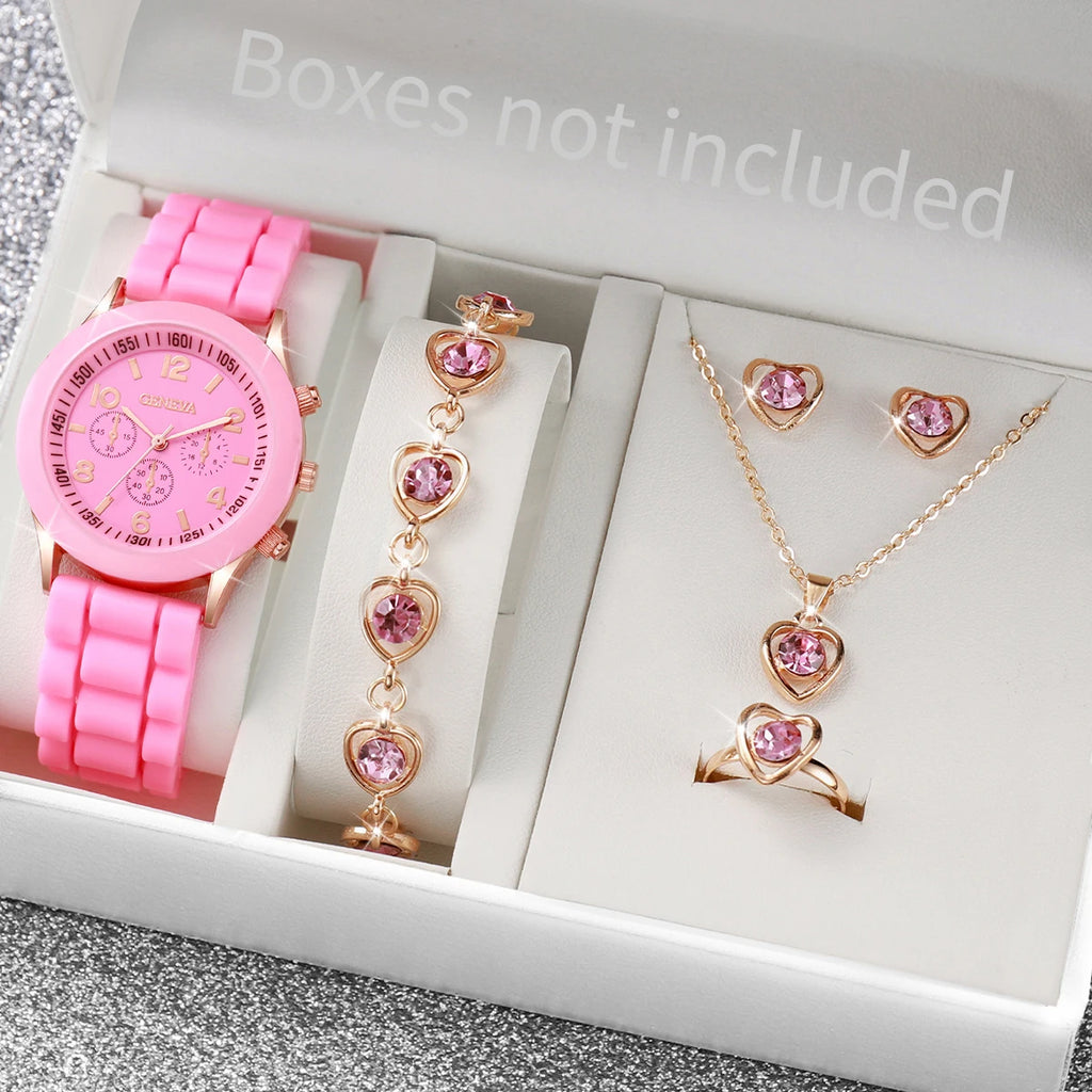 6PCS/Set Women's Watch Casual Silicone Band Analog Quartz Watch Rhinestone Heart Jewelry Set(Without Box)