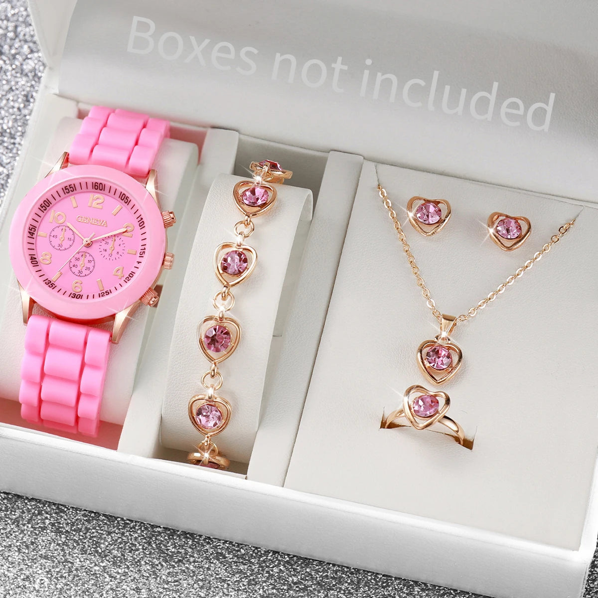 6PCS/Set Women's Watch Casual Silicone Band Analog Quartz Watch Rhinestone Heart Jewelry Set(Without Box)