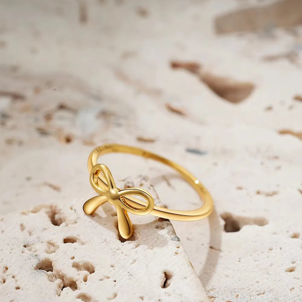 Minimalist Cute Gold Color Stainless Steel Bow Rings for Women Waterproof Butterfly Finger Ring Wedding Aesthetic Jewelry Gifts