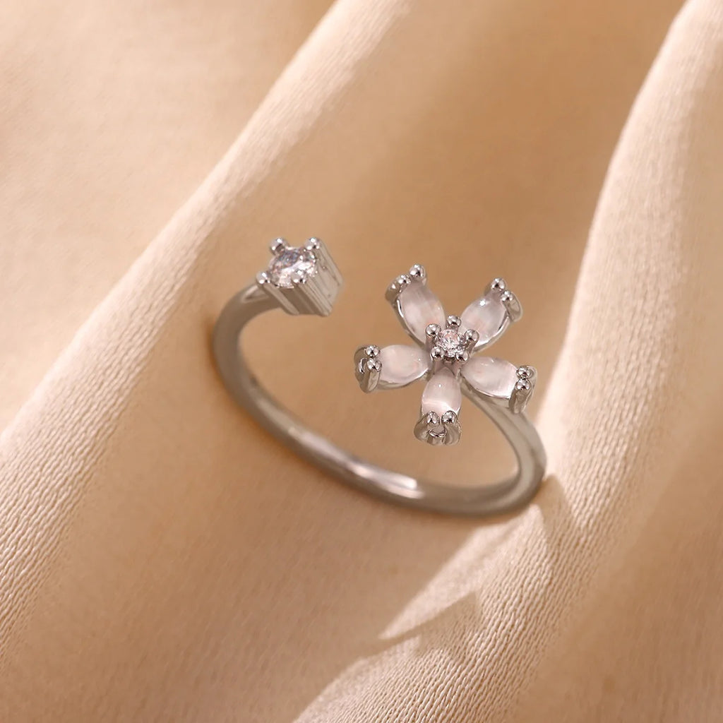 Opal Flower Rings For Women Cubic Zirconia Openning Stainless Steel Flower Ring Wedding Floral Aesthetic Jewelry anillos mujer