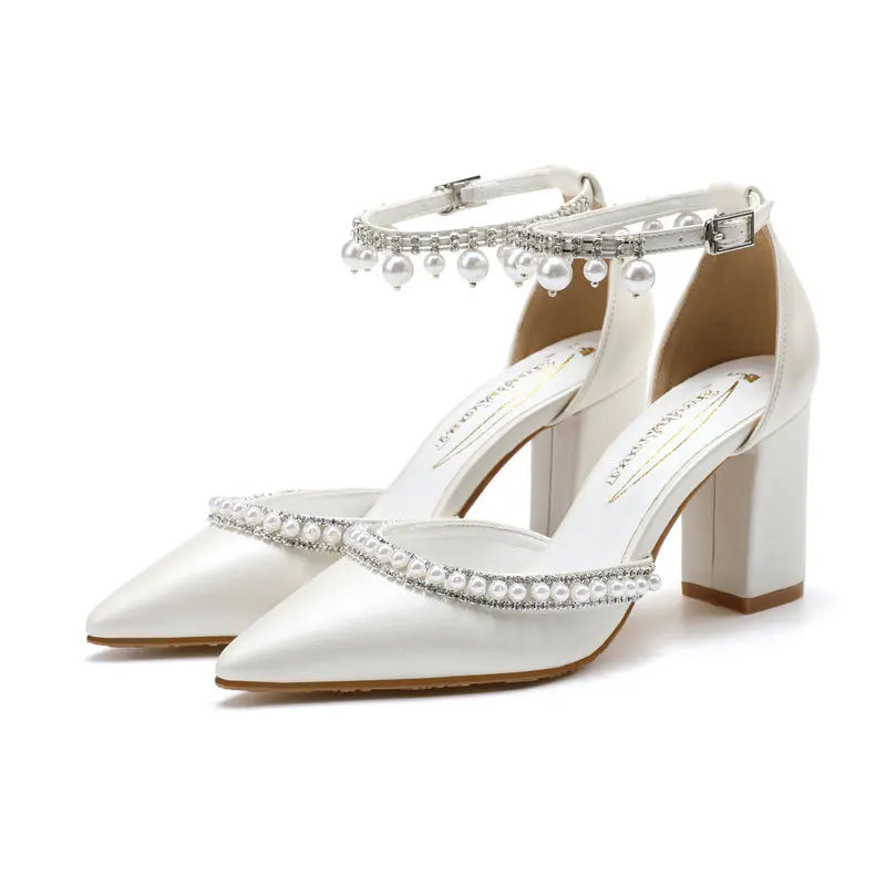 Pointed High Heels Thick Heel Sexy Pearl European and American Foreign Trade Large Size Women's Shoes
