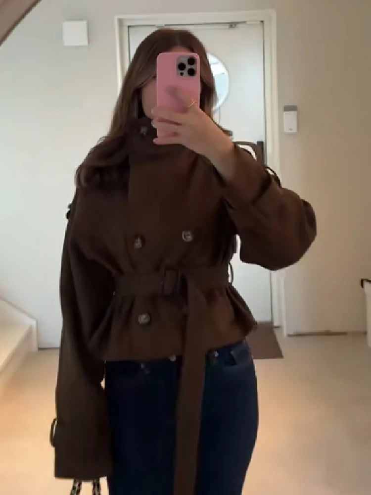 Autumn Winter Ladies Cropped Trench Jacket Faux Suede Double‑breasted Stand Collar Belt Waist Slim Fit Casual Outerwear Coat