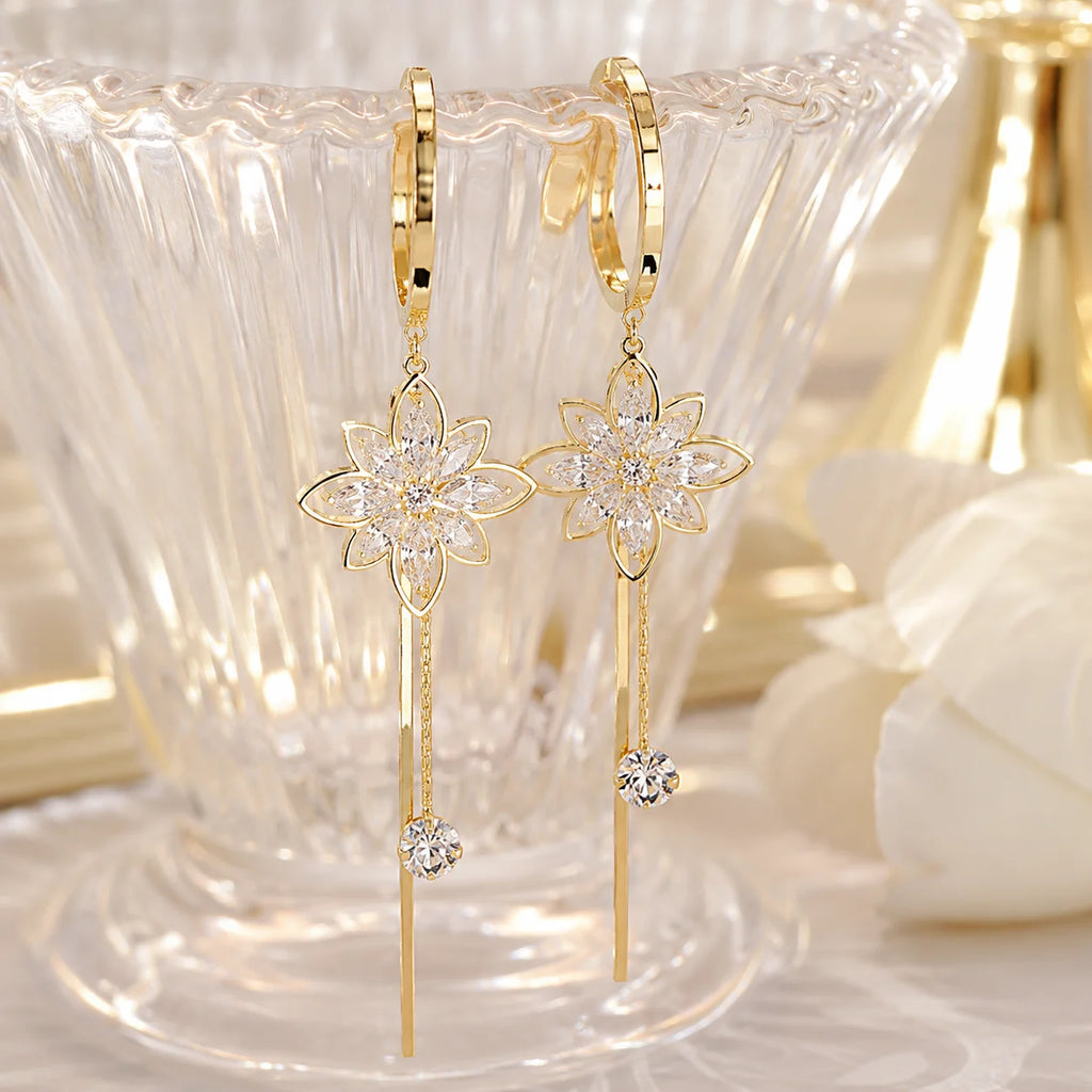 Luxury Crystal Flower Tassel Drop Earrings for Women Shiny Zircon Opal Long Dangle Earrings Girls Party Wedding Jewelry Gift