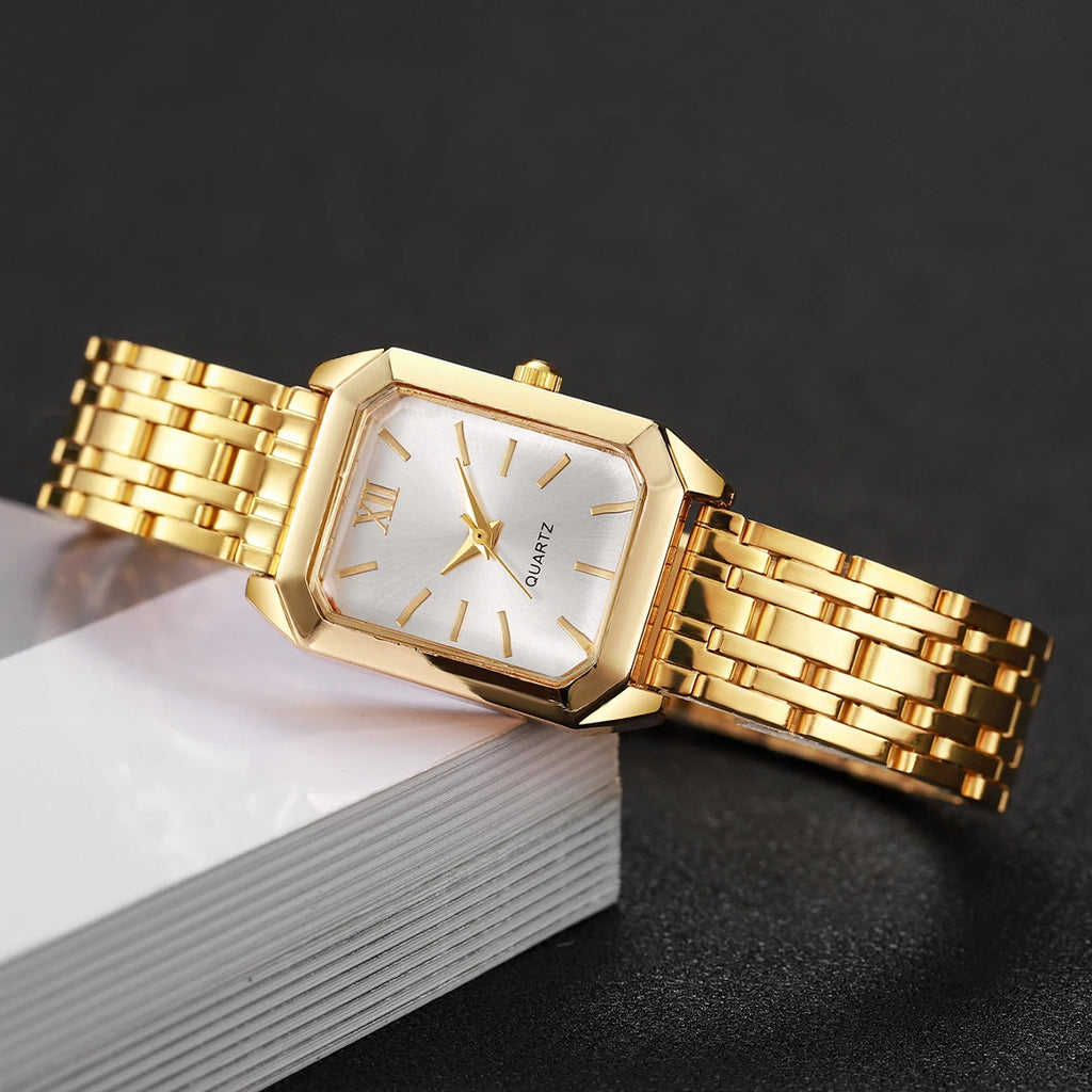 4PCS Fashion Rectangle Women Watch Rhinestone Bracelets Set Elegant Roma Dial Quartz Wristwatches Reloj Mujer (Without Box)