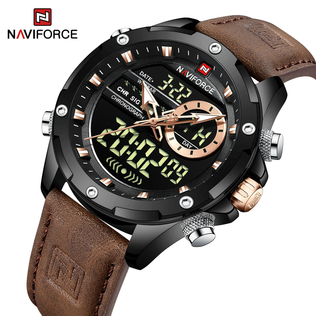 NAVIFORCE Luxury Original Watches For Men Casual Sport Chronograph Alarm Quartz WristWatch Leather Waterproof Digital Clock 9163