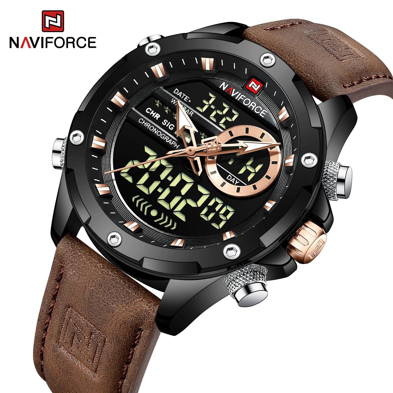 NAVIFORCE Luxury Original Watches For Men Casual Sport Chronograph Alarm Quartz WristWatch Leather Waterproof Digital Clock 9163