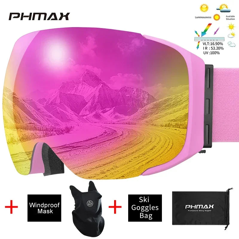 PHMAX Ski Goggles UV400 Anti-fog Eyewear Magnetic Lens Women Men Outdoor Sports Mountain Snowboard Big Snow Goggles With Mask