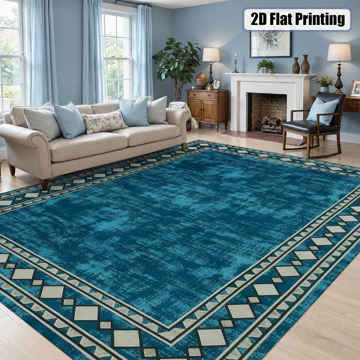Large Indoor Area Rug, Soft Velvet Low Pile with Non-Slip Dotted Backing, Machine Washable Teal Tribal Geometric Border Rug for Living Room and Bedroom