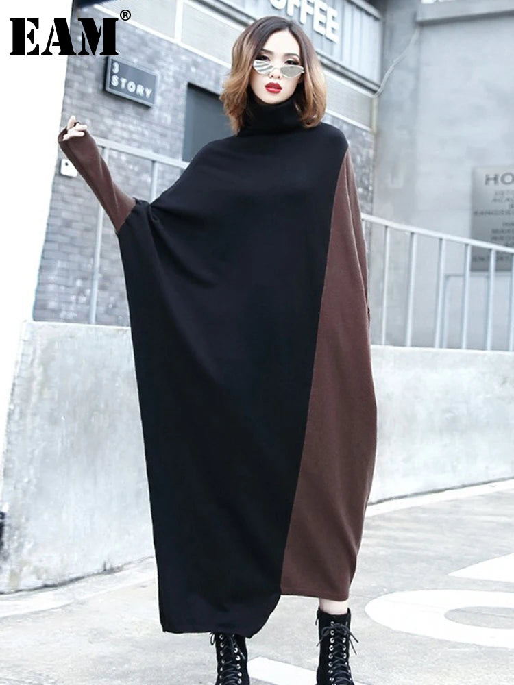 [EAM] Women Coffee Color-block Big Size Long Sweater Dress New Turtleneck Long Sleeve Fashion Tide Spring Autumn 2026 1DJ2393