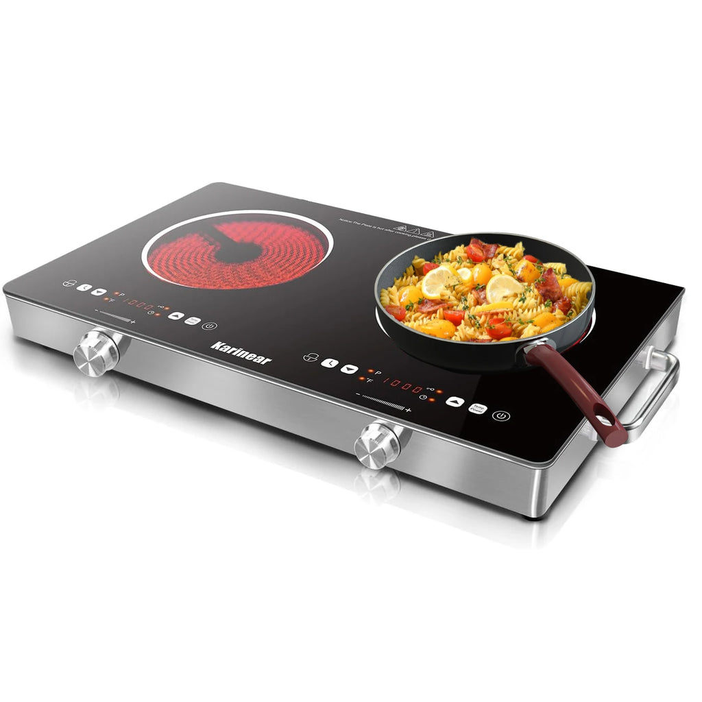 Karinear Ceramic Hob 2 Zones, 3200W Plug in Electric Hob with Safety Lock, Knobs&Touch Control, 56cm Coutertop Freestanding 240V