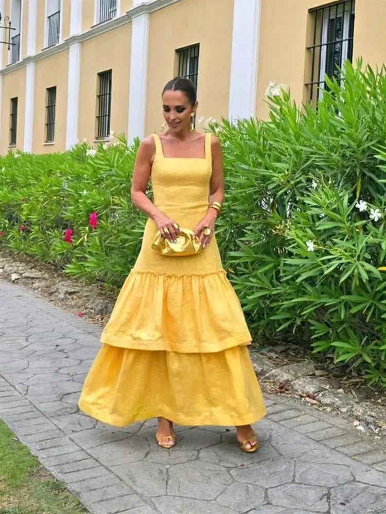 Luxury Sparkling Ruffled Layerd Yellow Long Dress Chic Backless Bodycon Wedding Sling Robes Women Elegant Party Club Vestidos