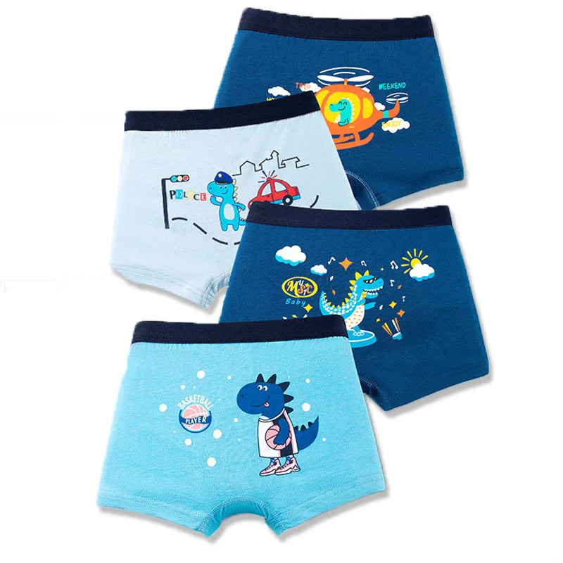 4-Piece Breathable Boy Boxer Brief High Quality Cotton Children Boxers Truck Car Dinosaur Colorful Patterns Kids Trunk Underwear