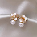 ZAKOL Luxury Micro Set Zircon White Enamel Camellia Pearl Pendant Earrings for Women Exquisite Party Ear Accessories