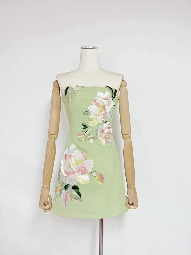 2026 Sexy Strapless Embroidered Flowers Mini Dress Women Sleeveless Backless Florals A-line Dresses Evening Party Cocktail Gowns