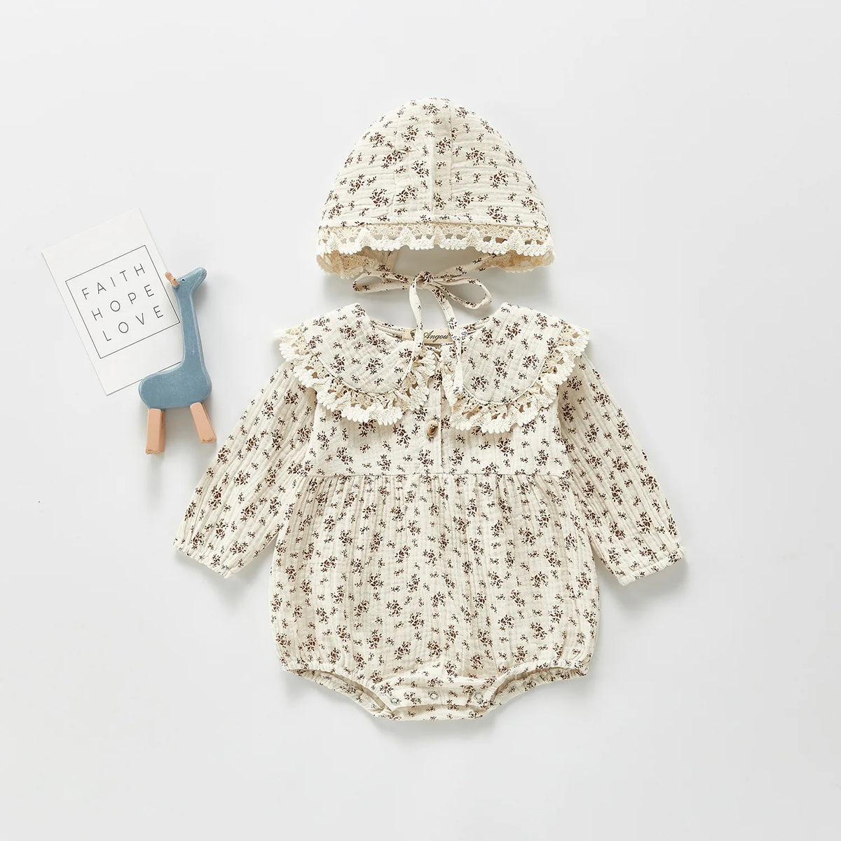 Autumn Newborn Infant Baby Girls Romper +hat  Muslin Lapel Floral Rompers Kids Onepiece Fashion Baby Clothing
