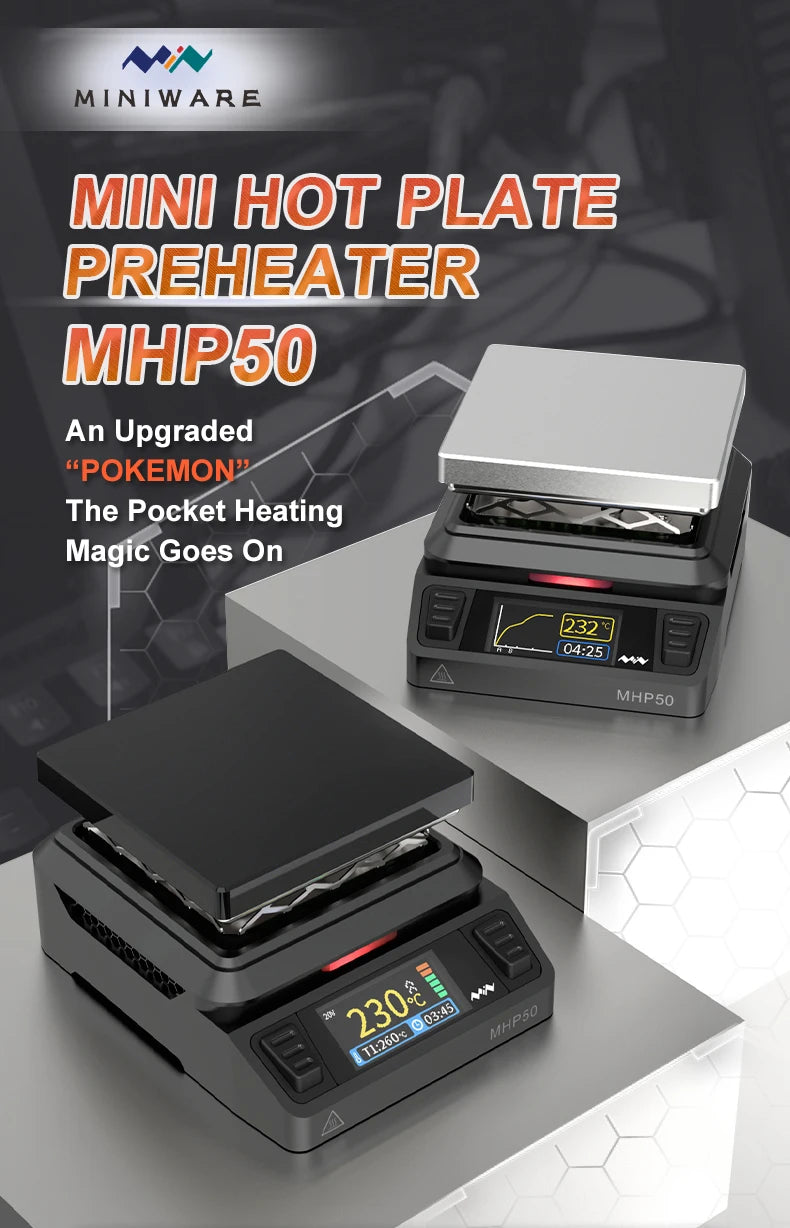 MINIWARE MHP50 Mini Hot Plate Preheater 50*50mm Heating Area Constant Temperature Heating Table 350℃ Intelligent Heating Tool