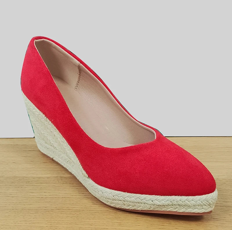 LIHUAMAO Red Suede wedge shoes women pumps pointed toe high heels platform espadrilles shoes princess wedding party