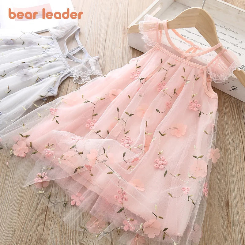 Bear Leader Girls Clothes 2025 Girl Dress New Fashion Princess Clohtings Sweet Flower Embroidery Mesh Dress For 2-6 Years