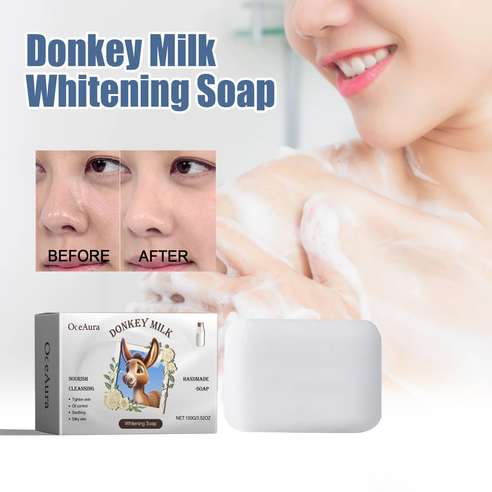 OCEAURA Donkey Milk Whitening Soap with Donkey Milk, Butyrospermum Oil Bath Soaps Donkey Milk Soap Suitable for All Skin Types