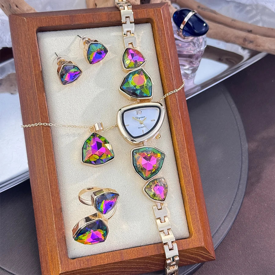 Luxury Ladies Quartz Watch  Colorful Diamond Irregular Shape Necklace Ring Earrings Jewelry Set Four-Piece Gift Set Trendsetter
